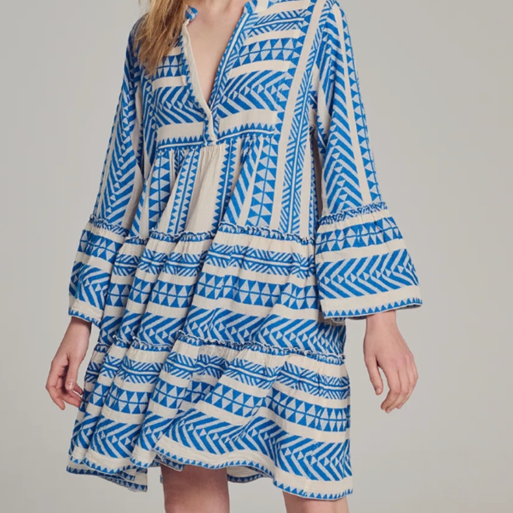 Devotion Twins Ella Boho Embroidered Blue & White Cotton Dress Size Small